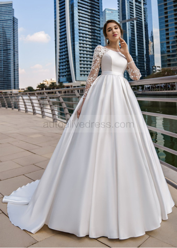 Ivory Lace Satin Box Pleated Wedding Dress